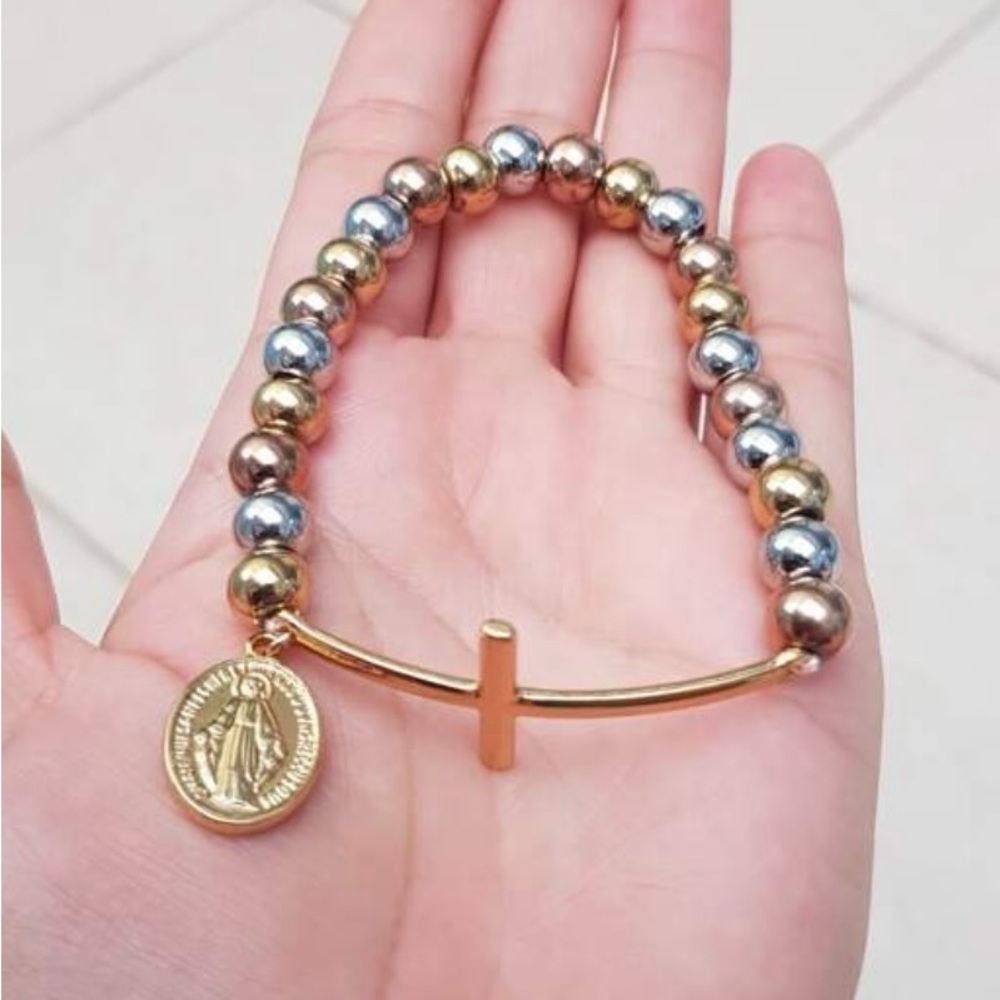 18k Hip-Hop Style Round Bracelet with Stainless Steel Beads, Elastic Rope - Picture 3 of 3